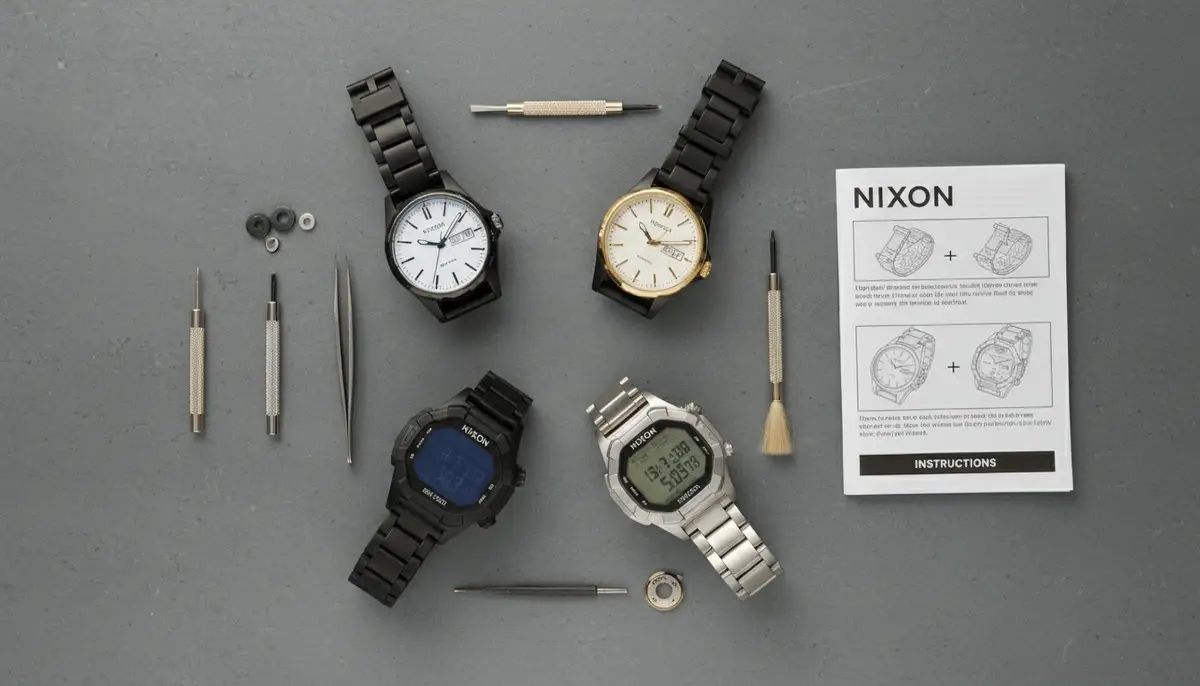 An organized flat lay of various Nixon watch models (analog and digital) alongside small tools and a user manual, indicating preparation for setting., high-quality photography, professional lighting, sharp focus, realistic, detailed