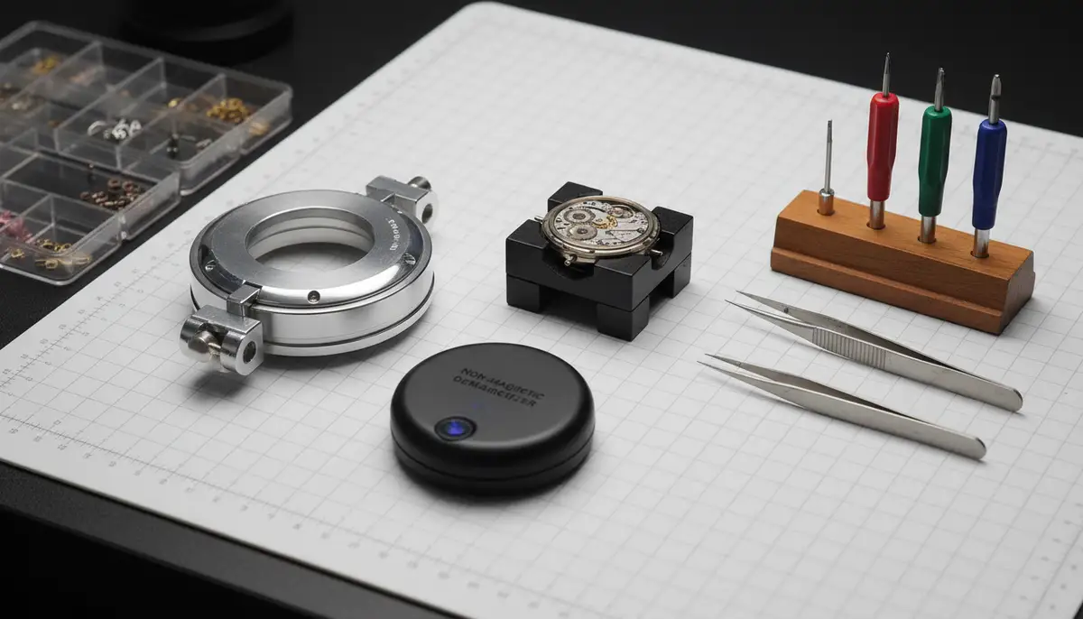 An organized workbench with essential watch regulation tools: case back opener, non-magnetic tweezers, precision screwdrivers, and a demagnetizer., high-quality photography, professional lighting, sharp focus, realistic, detailed