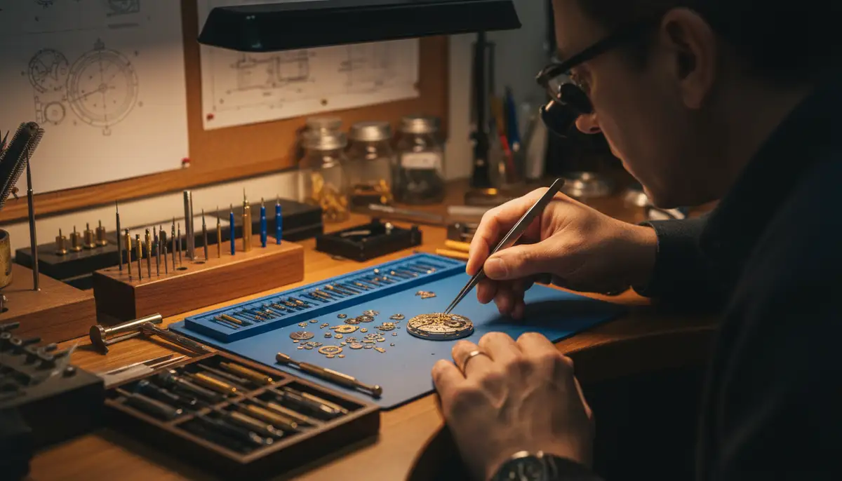An organized workbench with various watch tools, showing a disassembled watch movement and a person adjusting a tiny gear., high-quality photography, professional lighting, sharp focus, realistic, detailed