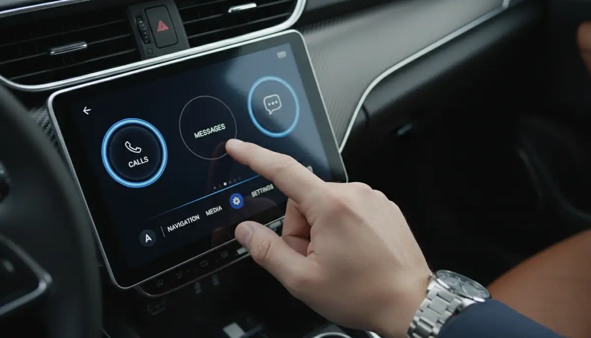 An overhead shot of a person's hand using an Android Auto interface, highlighting quick access communication widgets for calls and messages, set against a blurred background of a modern car interior., high-quality photography, professional lighting, sharp focus, realistic, detailed