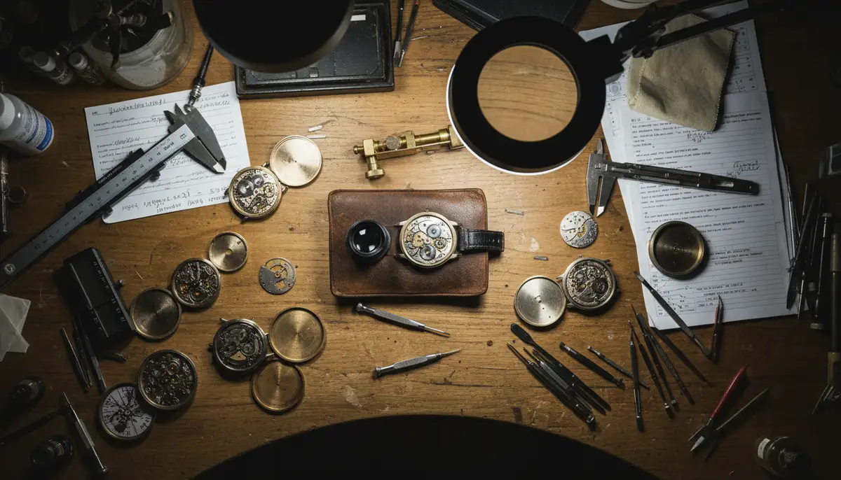 An overhead shot of a table with watch tools, a loupe, and several open watch cases, suggesting research and detailed examination., high-quality photography, professional lighting, sharp focus, realistic, detailed
