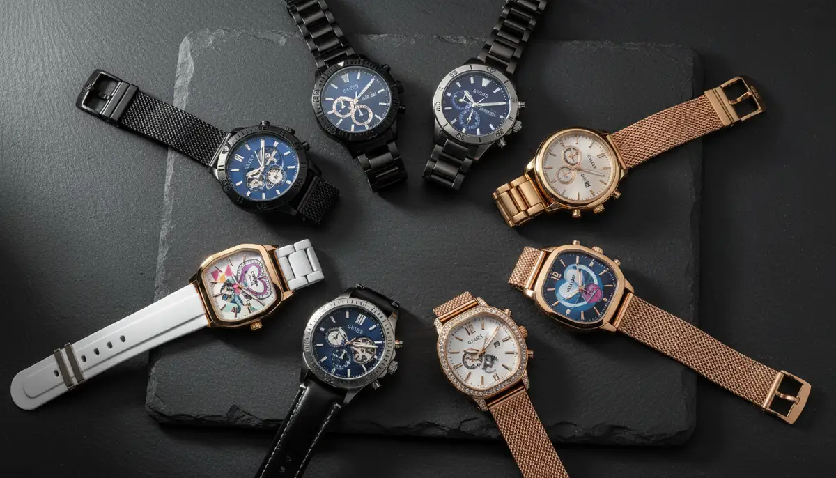 An overhead shot of several GUESS watches from the 2025 collection laid out on a dark, textured surface, highlighting diverse styles for both men and women, with subtle lighting., high-quality photography, professional lighting, sharp focus, realistic, detailed