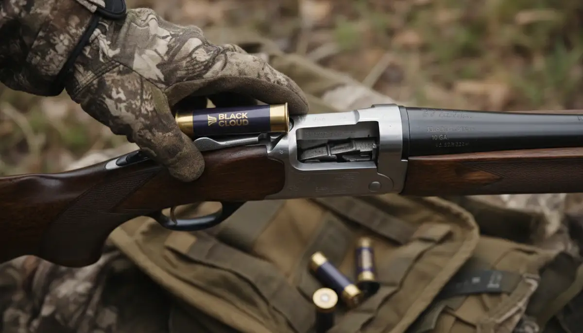 An overhead view of a hunter's hand loading a 10 gauge Black Cloud shell into a powerful 10 gauge shotgun, with focus on the shell and the action of the firearm., high-quality photography, professional lighting, sharp focus, realistic, detailed