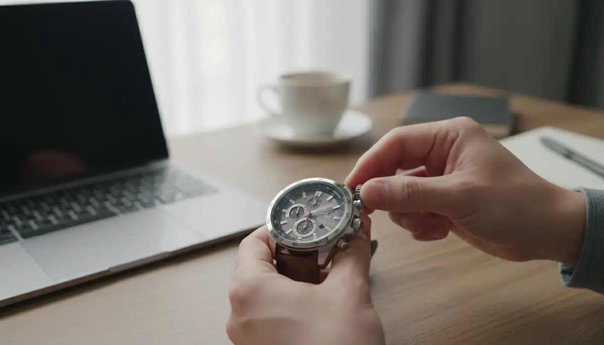 An overhead view of a user's hands adjusting the crown of an analog Casio Edifice watch, with a blurred background of a desk., high-quality photography, professional lighting, sharp focus, realistic, detailed