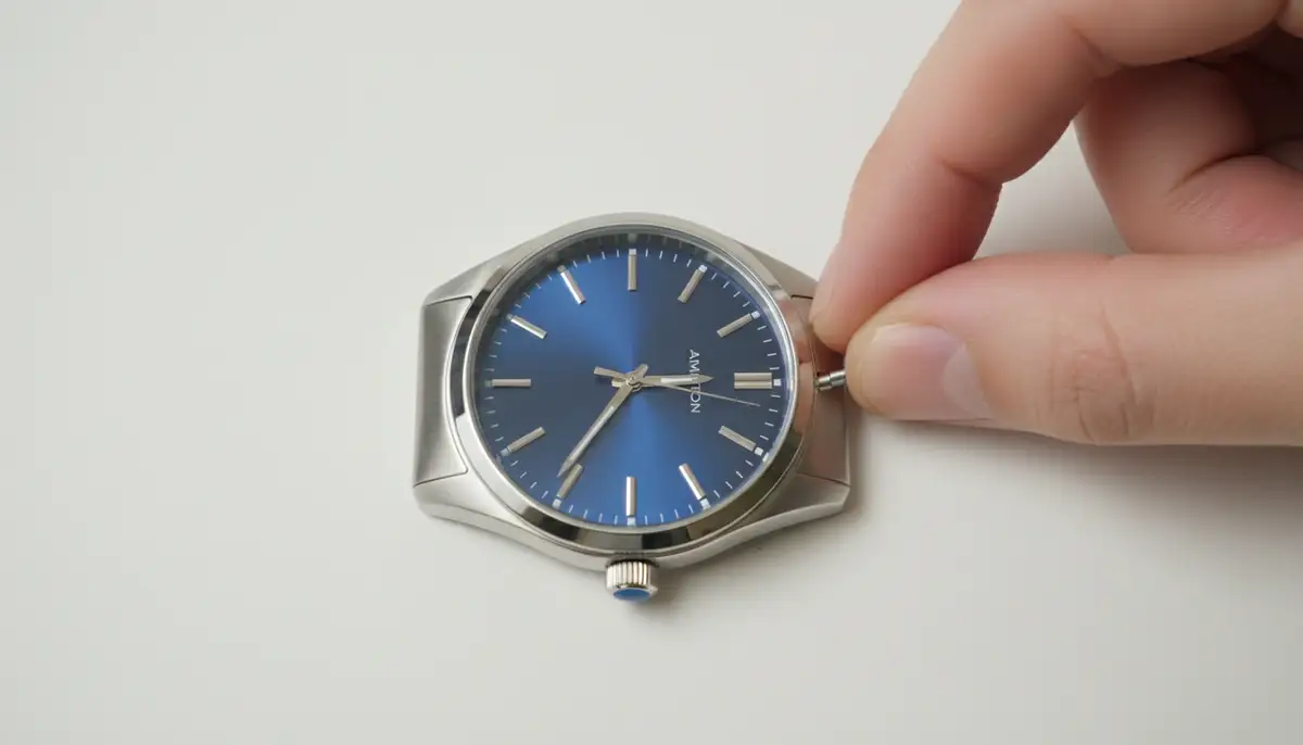 An overhead view of an Armitron analog watch, with a hand pulling out the crown to adjust the time, against a clean, minimalist background., high-quality photography, professional lighting, sharp focus, realistic, detailed