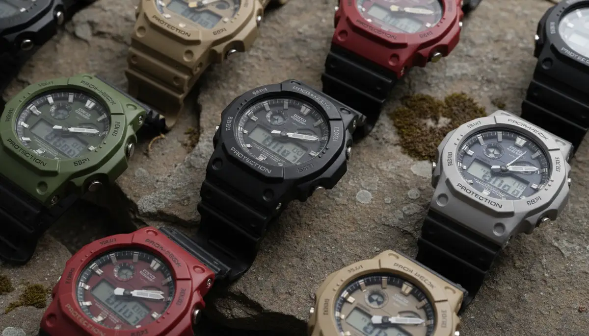 An overhead view of various G-Shock watch models, some digital, some analog-digital, laid out on a rugged surface, highlighting their diverse button layouts., high-quality photography, professional lighting, sharp focus, realistic, detailed