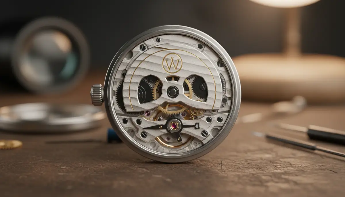 Close-up detailed view of an automatic watch movement with the rotor visible, showcasing intricate gears and springs, in a workshop setting with soft lighting., high-quality photography, professional lighting, sharp focus, realistic, detailed