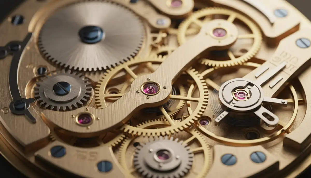 Close-up of a complex mechanical watch movement with gears, springs, and jewels visible, bathed in warm light, intricate details, high resolution., high-quality photography, professional lighting, sharp focus, realistic, detailed