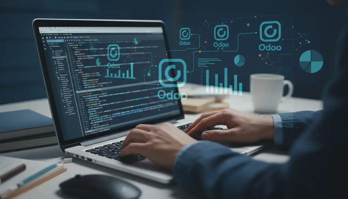 Close-up of a developer's hands typing code on a laptop, with Odoo logos and business data visualizations in the background, symbolizing deep customization work.