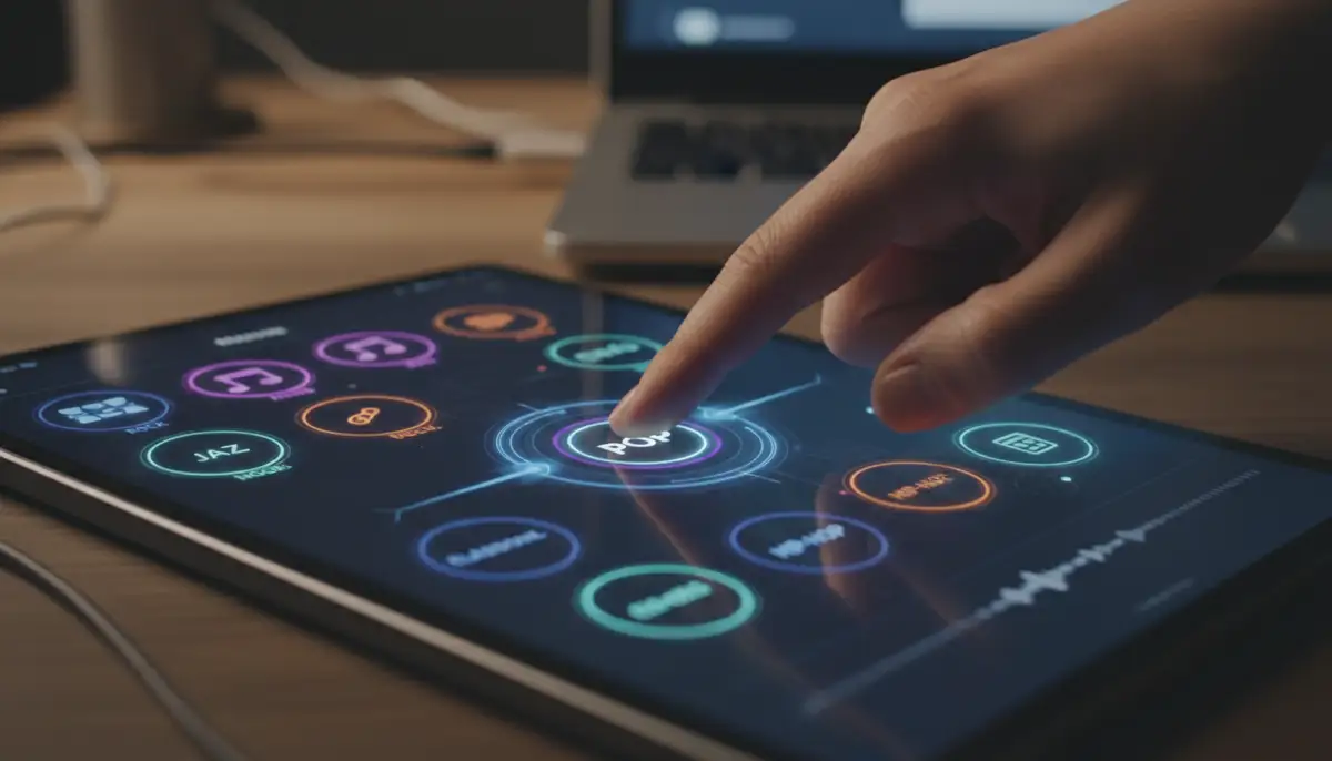Close-up of a finger tapping on a music selection interface within a photo editing app, surrounded by various music genres., high-quality photography, professional lighting, sharp focus, realistic, detailed