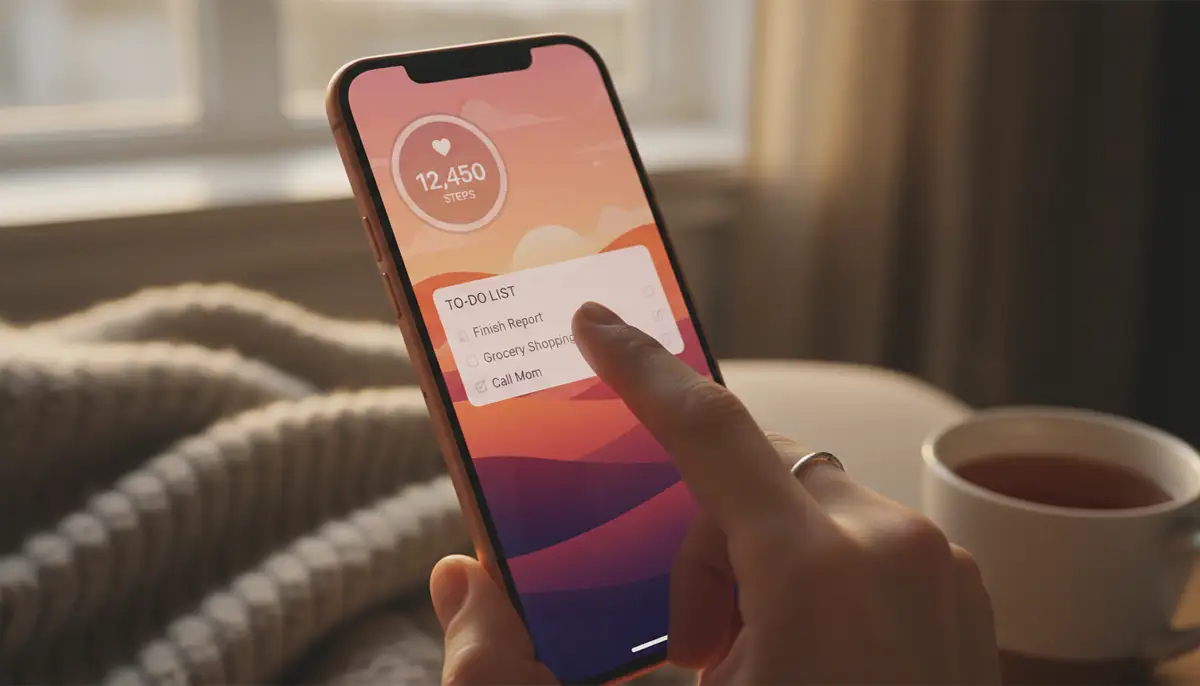 Close-up of a hand interacting with a highly customized smartphone home screen, showing a health widget tracking steps and a productivity widget with a to-do list, set against a warm, inviting backdrop., high-quality photography, professional lighting, sharp focus, realistic, detailed
