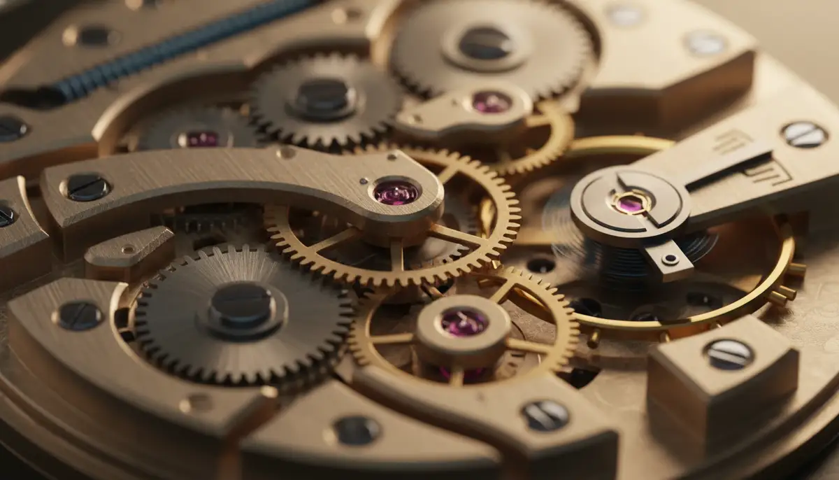 Close-up of a intricate mechanical watch movement with gears and springs visible, golden light., high-quality photography, professional lighting, sharp focus, realistic, detailed