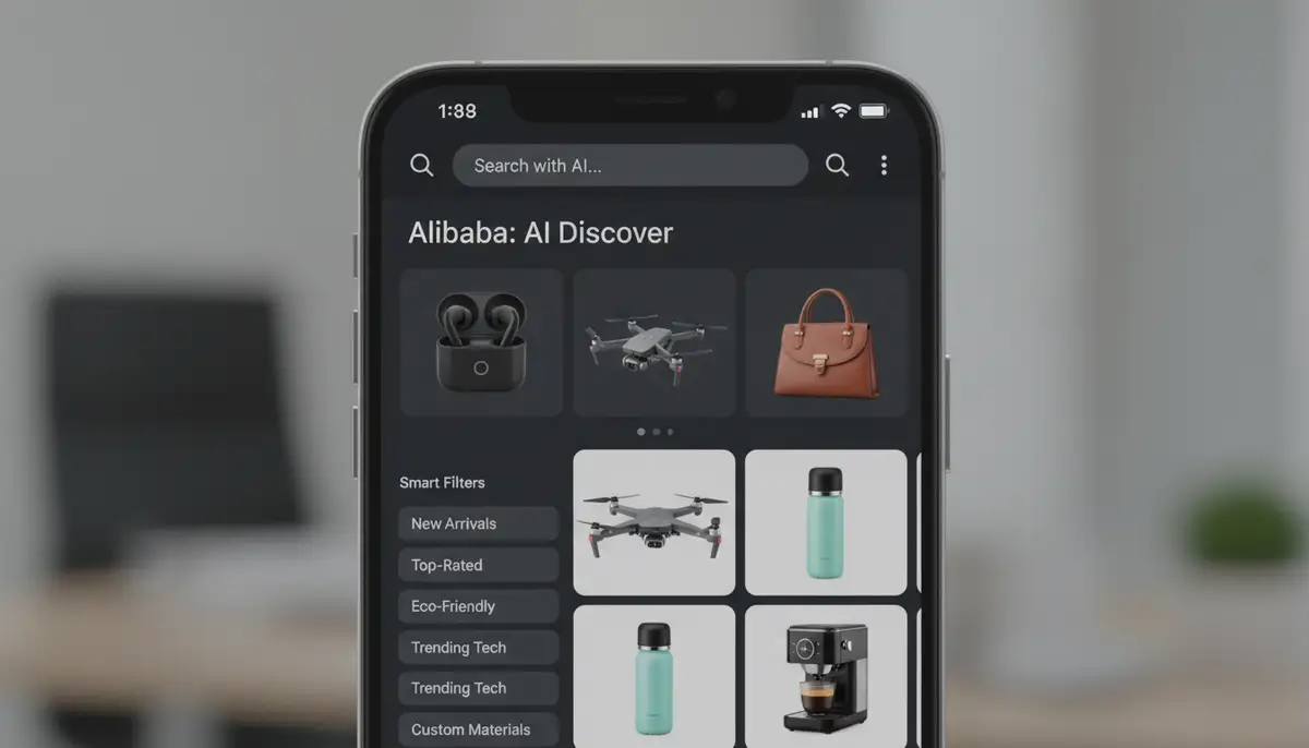 Close-up of a smartphone screen displaying the Alibaba app's AI-powered product discovery interface, with various product images and smart filters., high-quality photography, professional lighting, sharp focus, realistic, detailed