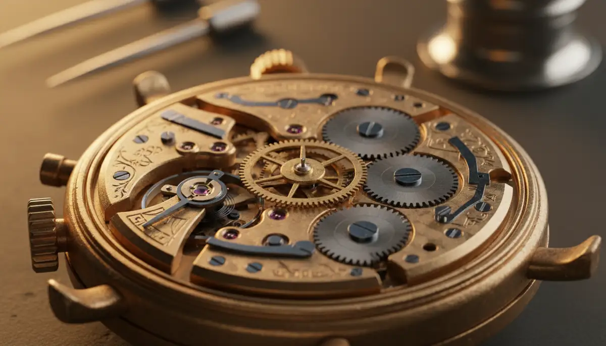 Close-up of a vintage mechanical chronograph movement, showcasing intricate gears and springs, with a golden glow., high-quality photography, professional lighting, sharp focus, realistic, detailed