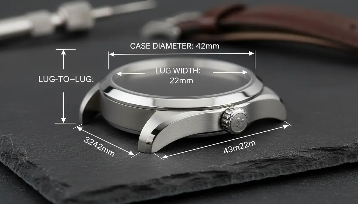 Close-up of a watch case, highlighting the case diameter, lug-to-lug distance, and lug width with clear annotations., high-quality photography, professional lighting, sharp focus, realistic, detailed