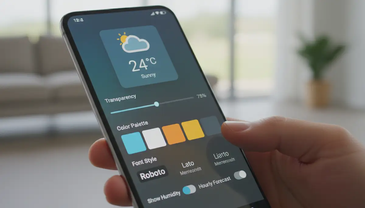 Close-up of an Android phone screen showing detailed customization options for a weather widget, with sliders for transparency, color palettes, and font choices, illustrating user control., high-quality photography, professional lighting, sharp focus, realistic, detailed