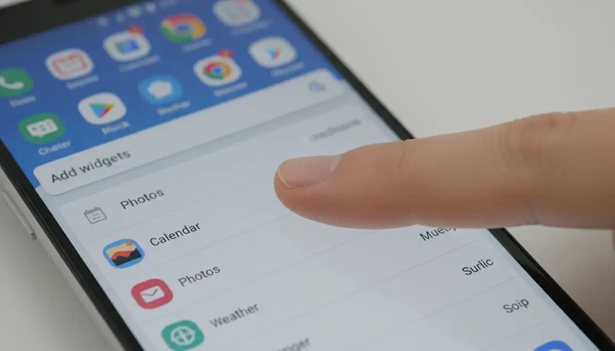 Close-up of an Android phone screen showing the 'Add Widget' menu, with a finger selecting a photo widget from a list of options., high-quality photography, professional lighting, sharp focus, realistic, detailed