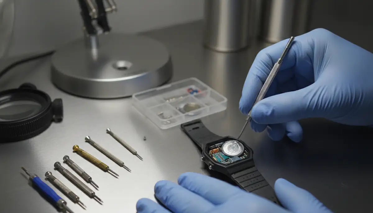 Close-up of hands carefully replacing a Casio watch battery with small tools on a clean workbench, soft light, modern aesthetic., high-quality photography, professional lighting, sharp focus, realistic, detailed