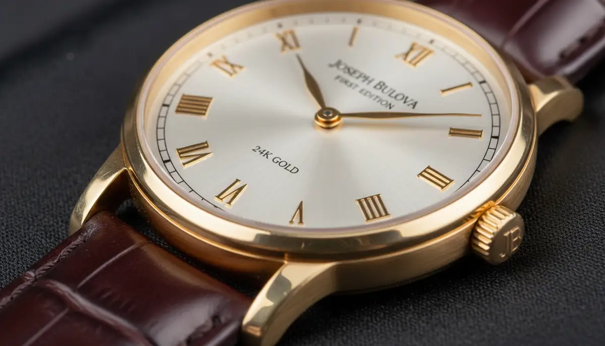 Close-up of the Joseph Bulova Collection First Edition 24-Karat Gold Watch dial, showing intricate details and the 24k gold case, with a slight gleam., high-quality photography, professional lighting, sharp focus, realistic, detailed