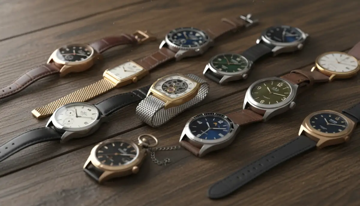 Collection of diverse analog watches on a wooden surface, showcasing various styles and designs., high-quality photography, professional lighting, sharp focus, realistic, detailed
