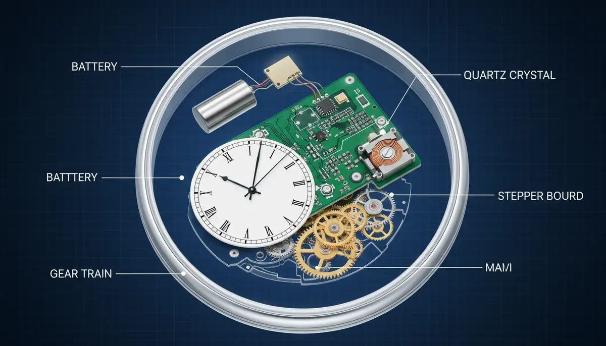 Detailed cutaway diagram illustrating the internal components of a quartz analog watch: battery, quartz crystal, circuit board, stepper motor, and gear train, all clearly labeled., high-quality photography, professional lighting, sharp focus, realistic, detailed