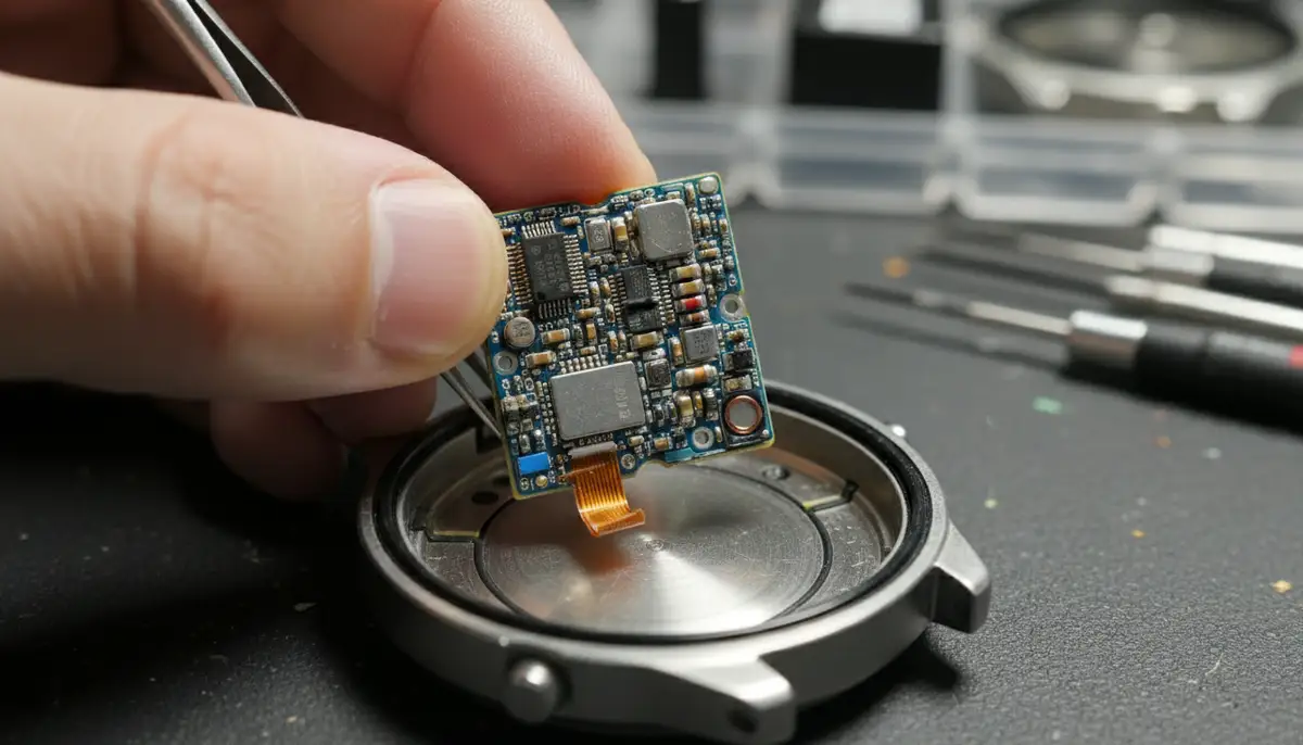 Detailed shot of a Casio watch module being carefully reinserted into its casing, showing intricate electronic components., high-quality photography, professional lighting, sharp focus, realistic, detailed