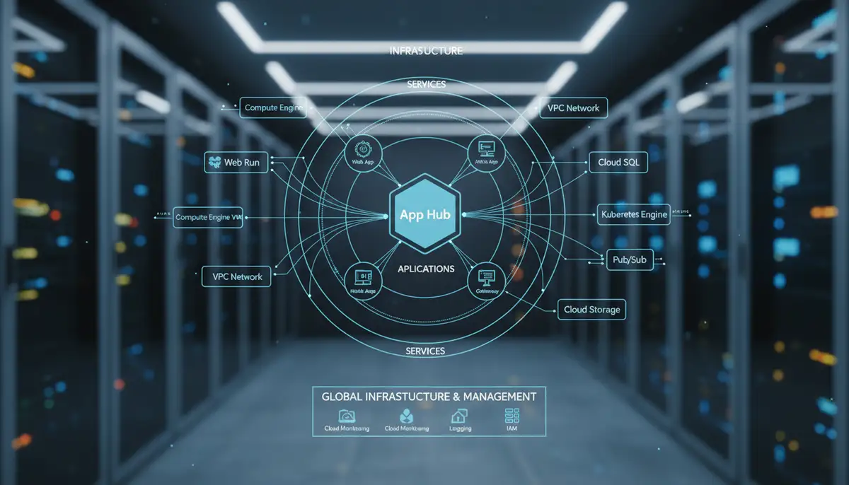 Diagram illustrating the architecture of Google Cloud's App Hub, showing applications, services, and infrastructure components connected., high-quality photography, professional lighting, sharp focus, realistic, detailed
