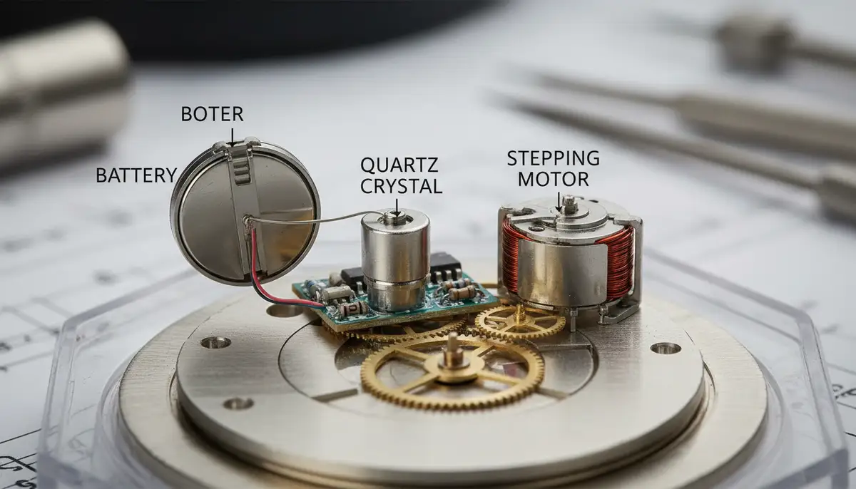 Diagram illustrating the components of a quartz watch movement, showing battery, crystal, and stepping motor., high-quality photography, professional lighting, sharp focus, realistic, detailed