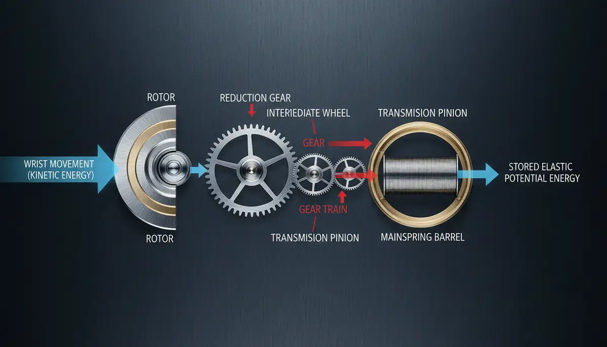 Diagram illustrating the flow of kinetic energy from a wrist movement through the rotor, gear train, and mainspring of an automatic watch., high-quality photography, professional lighting, sharp focus, realistic, detailed