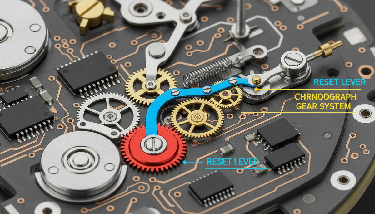 Diagram illustrating the internal mechanism of a quartz chronograph movement, highlighting the reset lever and gear system for technical explanation., high-quality photography, professional lighting, sharp focus, realistic, detailed