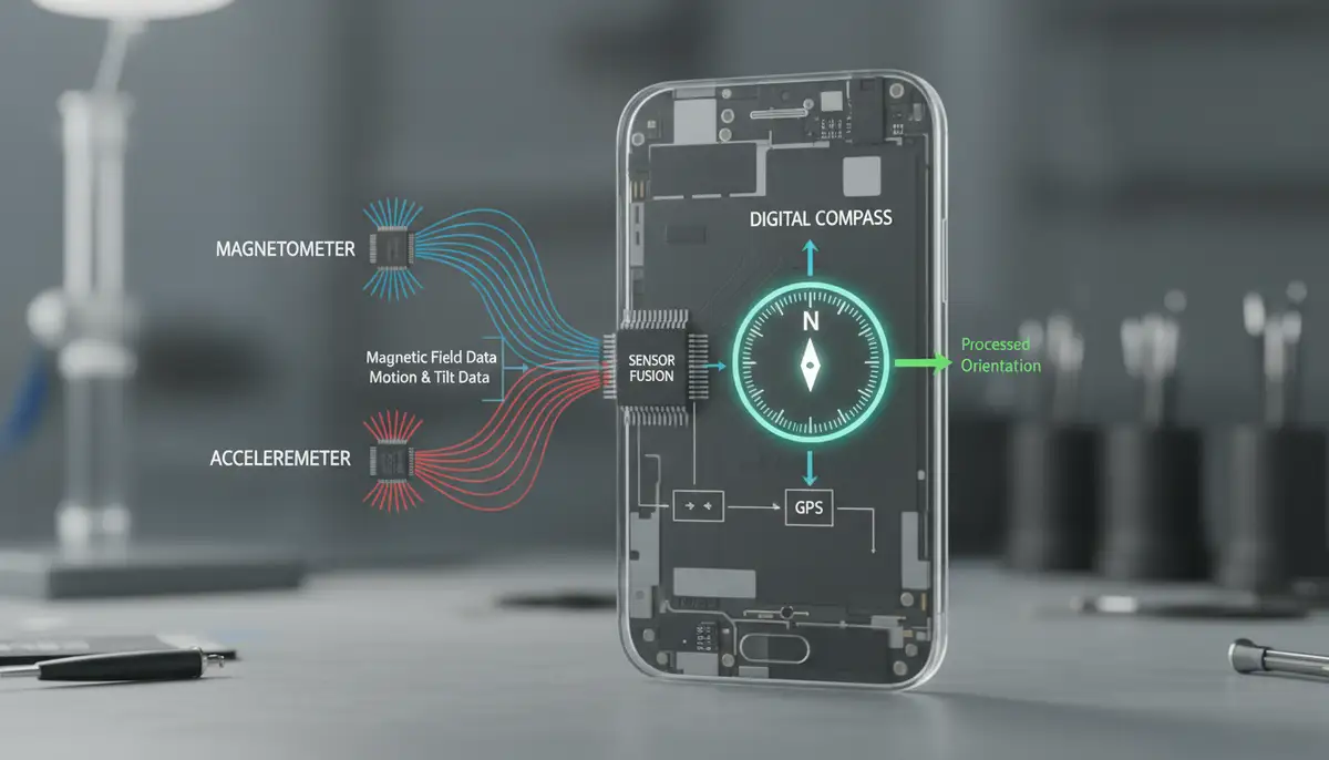 Diagram showing the internal sensors (magnetometer, accelerometer) of an Android phone working together to power a digital compass, with arrows indicating data flow., high-quality photography, professional lighting, sharp focus, realistic, detailed