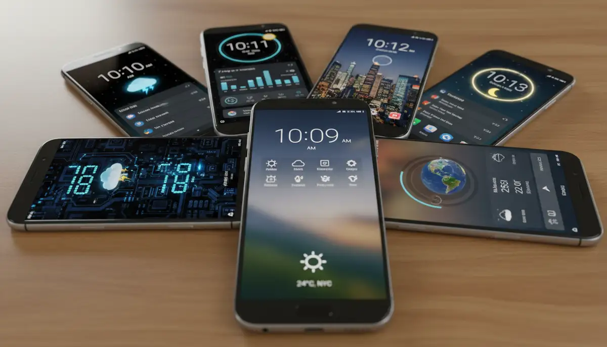 Different styles of android time weather widgets displayed on multiple Android phone screens, showcasing diverse designs from minimalist to information-rich., high-quality photography, professional lighting, sharp focus, realistic, detailed