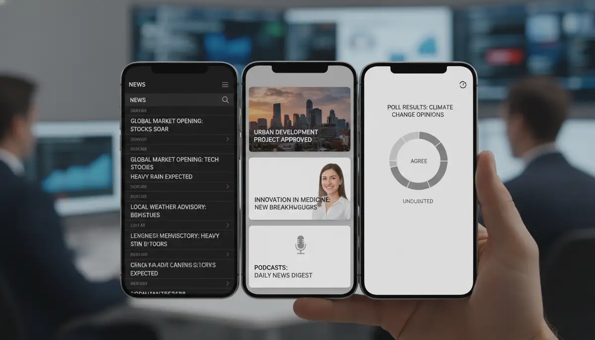 Different types of news app widgets demonstrated side-by-side on a smartphone, showcasing scrolling text, card-based layouts, and interactive elements., high-quality photography, professional lighting, sharp focus, realistic, detailed