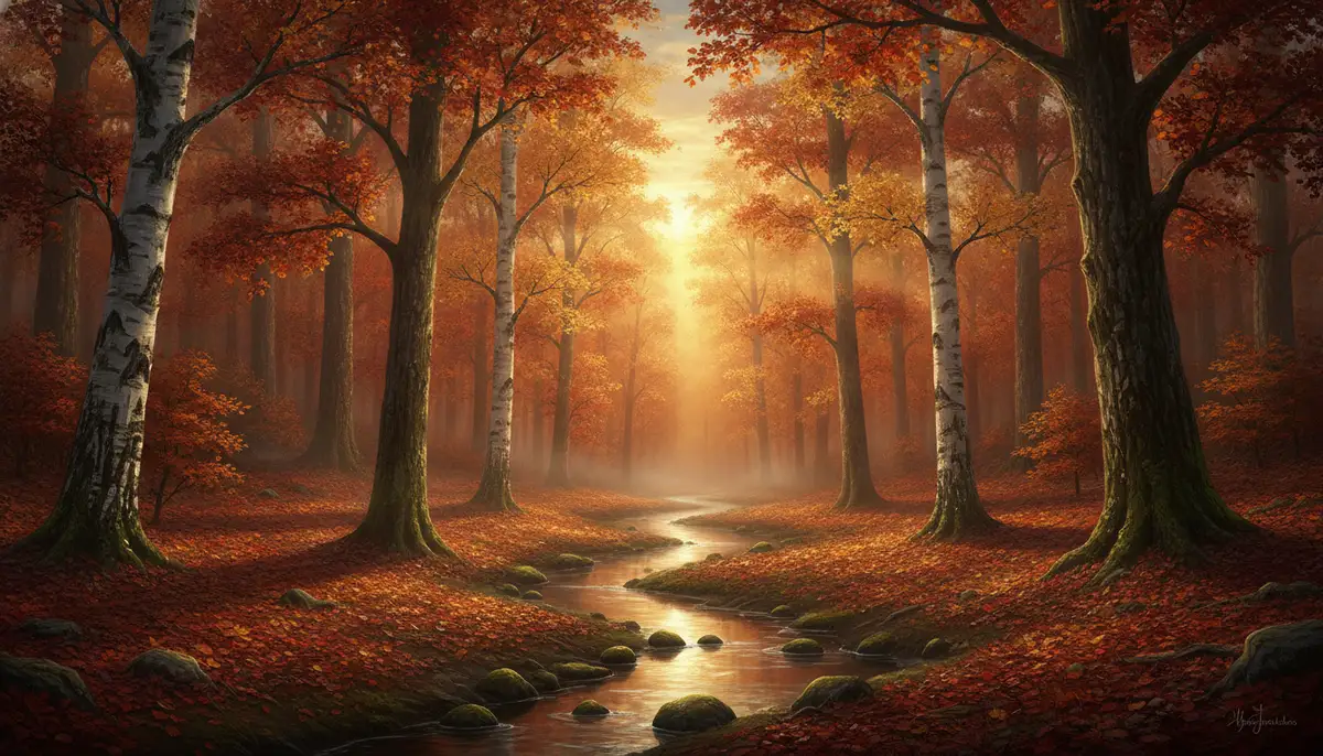 Digital art illustration of a serene autumn forest scene, suitable for a high-resolution desktop background, with soft lighting and rich colors., high-quality photography, professional lighting, sharp focus, realistic, detailed