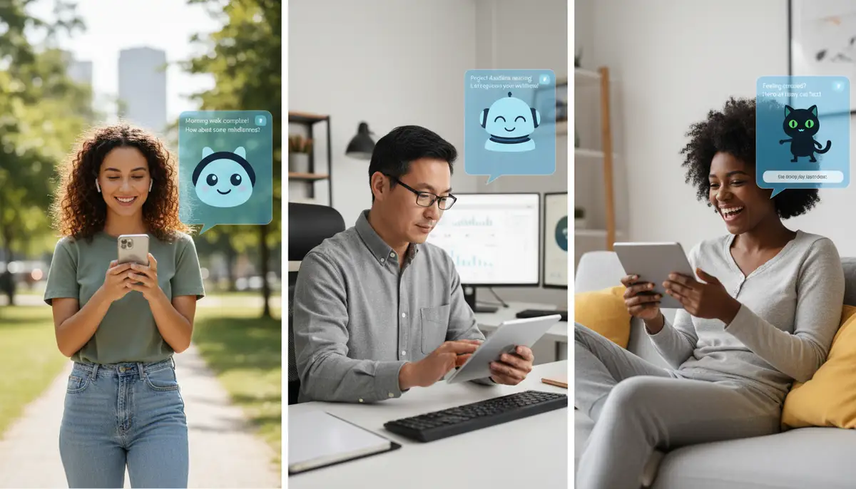 Diverse individuals using AI companion apps in different scenarios, like walking in a park, working, or relaxing at home, highlighting integration into daily life., high-quality photography, professional lighting, sharp focus, realistic, detailed