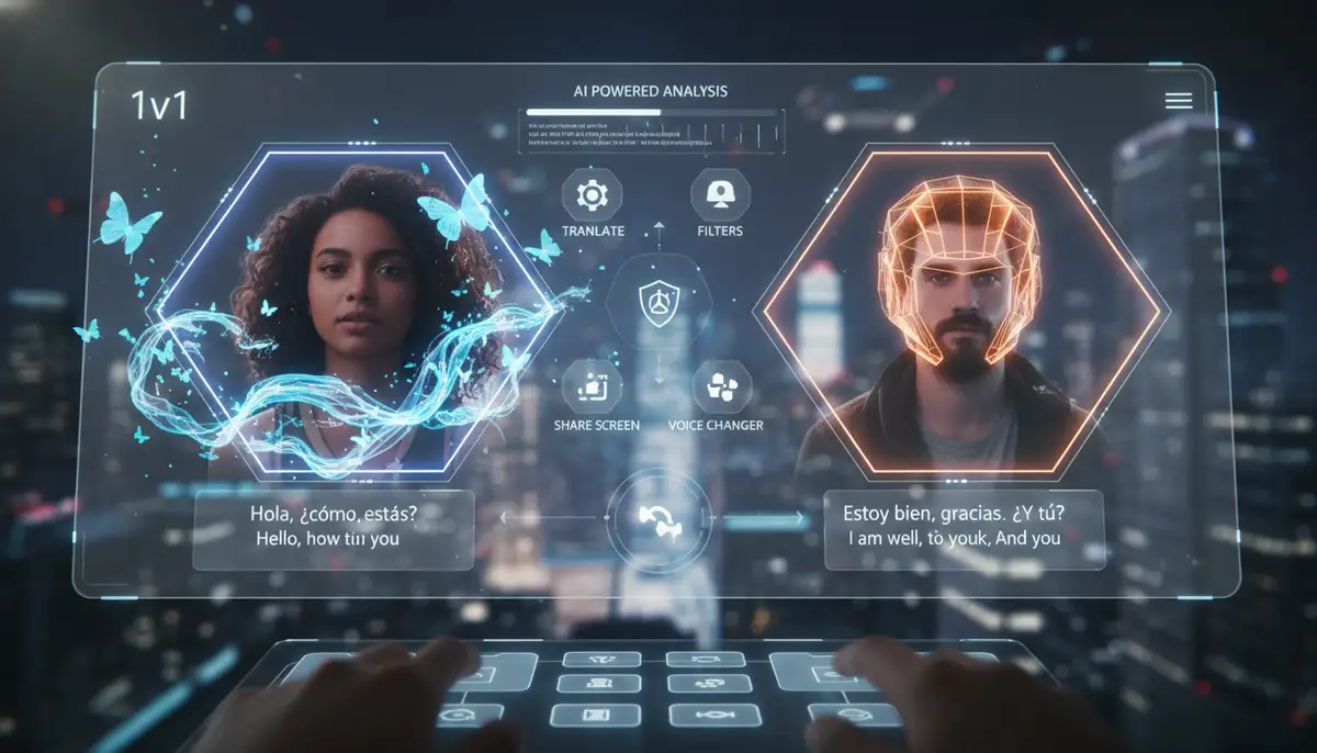 futuristic interface of a 1v1 video call app, showing AI-powered features like real-time translation and augmented reality filters, with a diverse user base interacting., high-quality photography, professional lighting, sharp focus, realistic, detailed