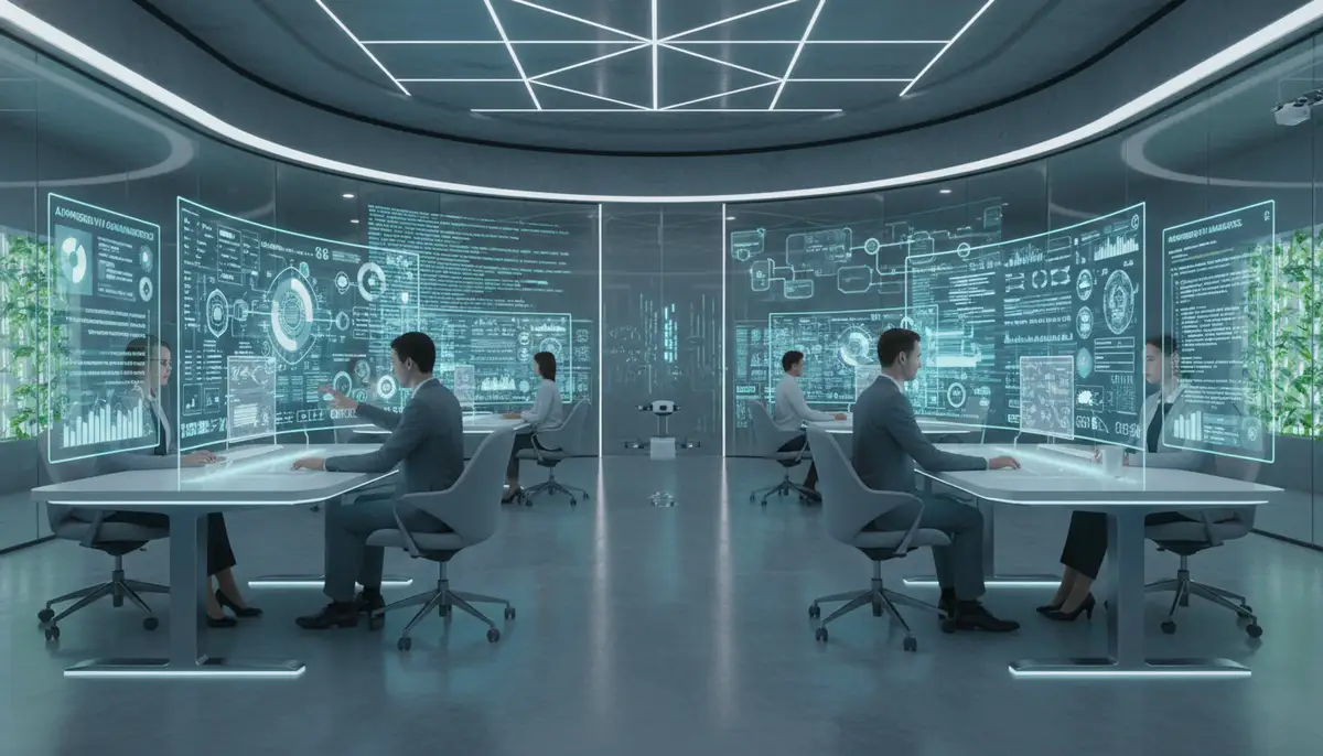 Futuristic office environment where employees are seamlessly interacting with AI-powered ERP interfaces, showcasing advanced analytics and automation features.