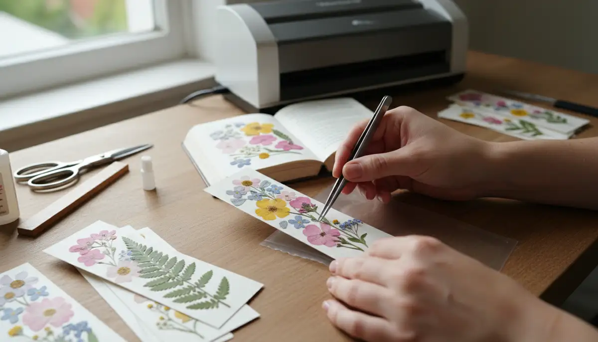 Hands crafting a DIY pressed flower bookmark, showing the delicate process of arranging petals on cardstock and laminating, with crafting tools visible., high-quality photography, professional lighting, sharp focus, realistic, detailed