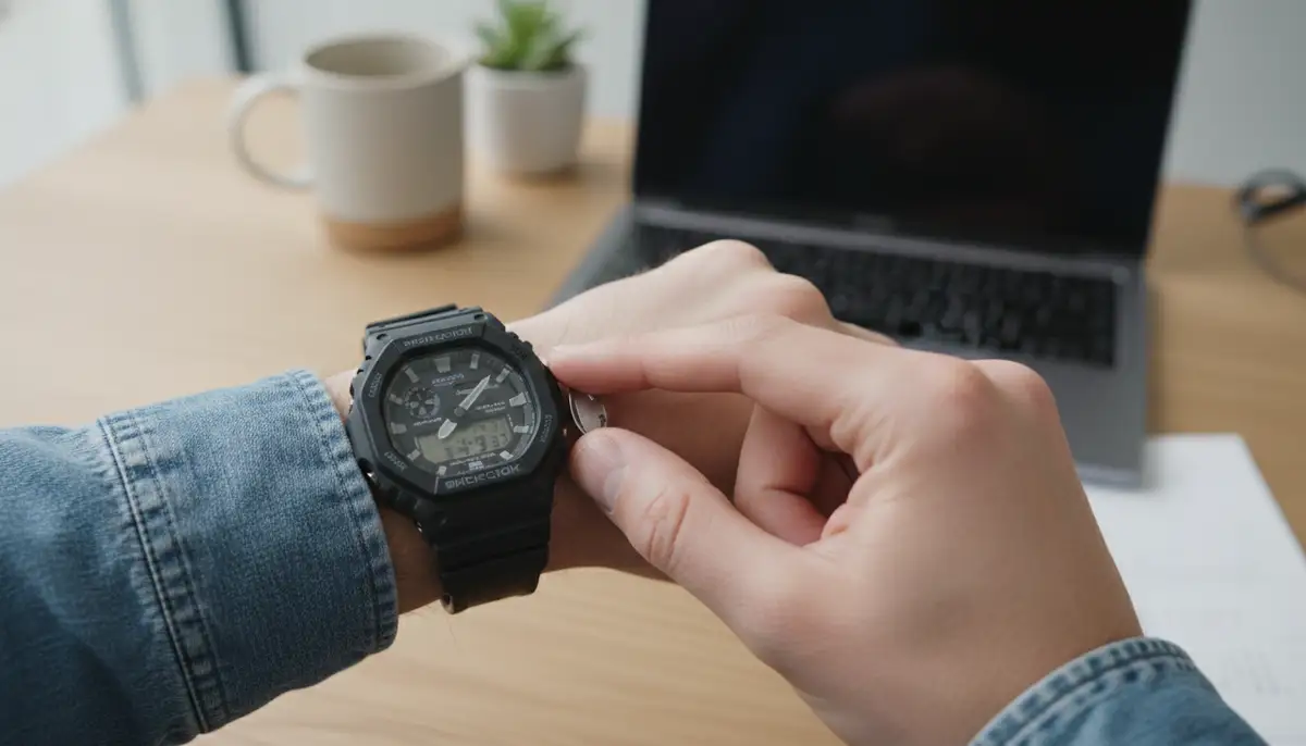 Hands interacting with a G-SHOCK watch, pressing buttons to adjust settings, with a blurred background of a modern workspace., high-quality photography, professional lighting, sharp focus, realistic, detailed