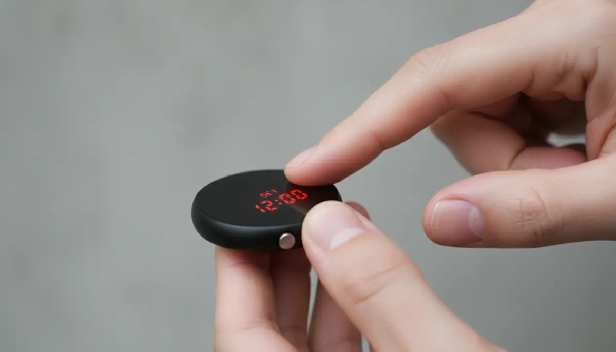 Hands pressing the small button on a minimalist one-button LED watch, with the display blinking to indicate setting mode., high-quality photography, professional lighting, sharp focus, realistic, detailed