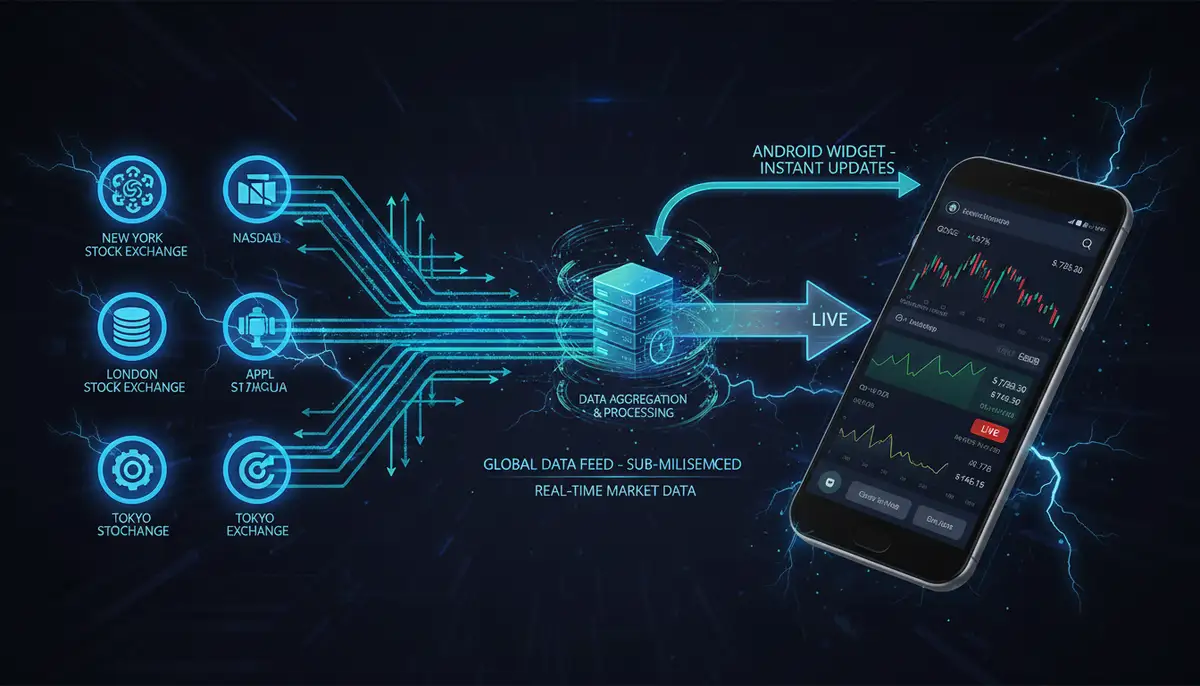 Illustrative graphic showing the data flow from stock exchanges to an Android stock widget, highlighting speed and real-time updates, with arrows and digital elements., high-quality photography, professional lighting, sharp focus, realistic, detailed