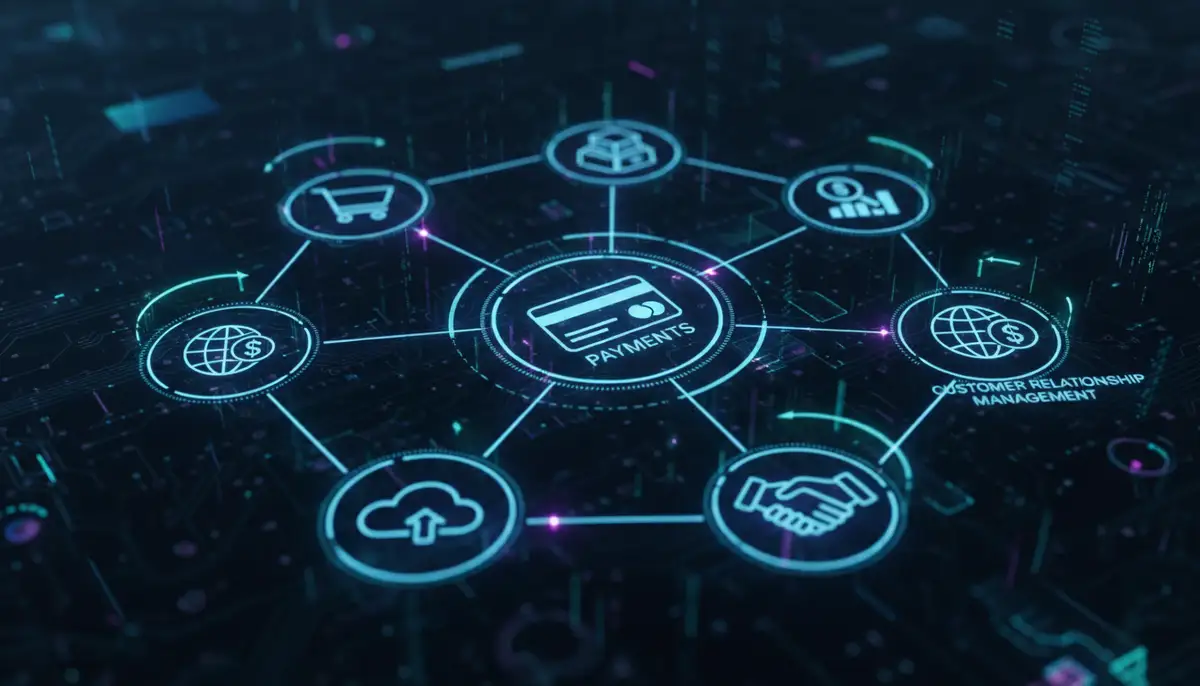 Interconnected digital icons representing various e-commerce functionalities like payments, inventory, and customer relationship management.