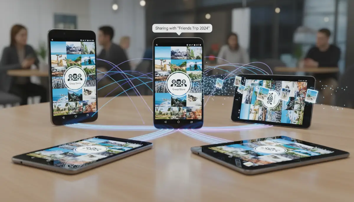 Multiple Android devices connected, demonstrating seamless photo sharing and synchronization across different platforms, highlighting a group sharing feature., high-quality photography, professional lighting, sharp focus, realistic, detailed
