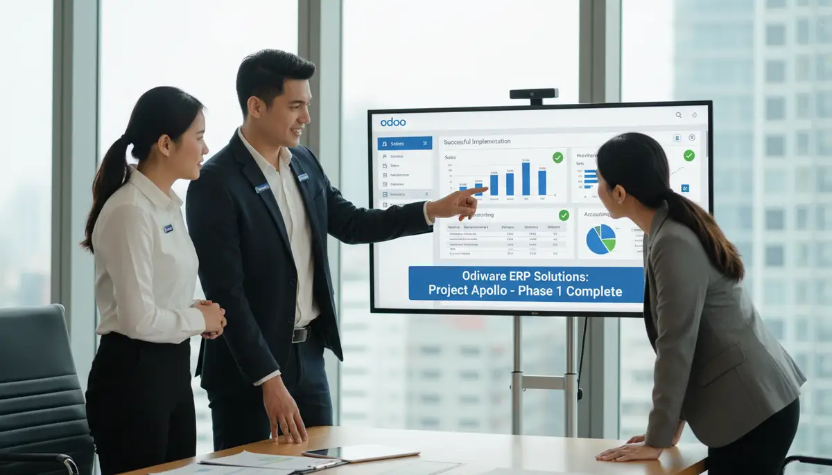 Odiware consultants working with a client, pointing at a screen showing an Odoo interface, demonstrating a successful ERP implementation.