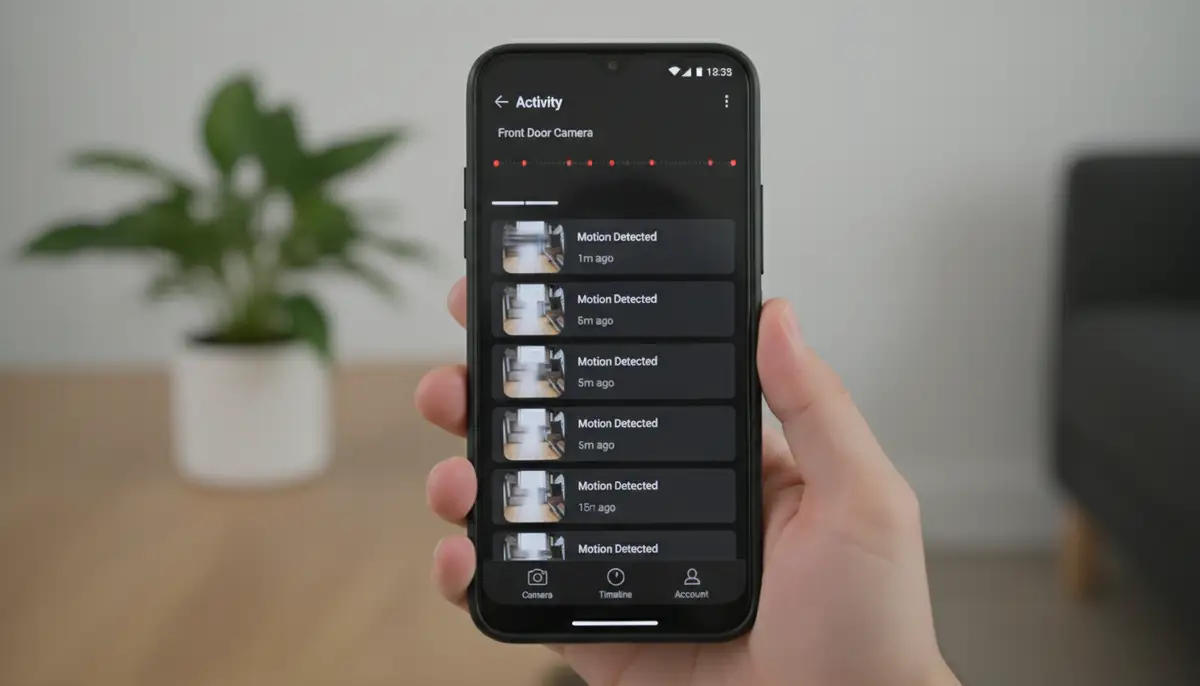 Screenshot of the Alfred Camera app interface on an Android phone, showing motion detection alerts and a timeline of events., high-quality photography, professional lighting, sharp focus, realistic, detailed