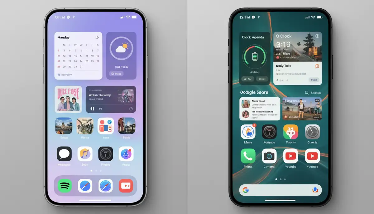 Side-by-side comparison of an iOS home screen and an Android home screen, both featuring diverse and aesthetically pleasing widgets, highlighting cross-platform capabilities., high-quality photography, professional lighting, sharp focus, realistic, detailed