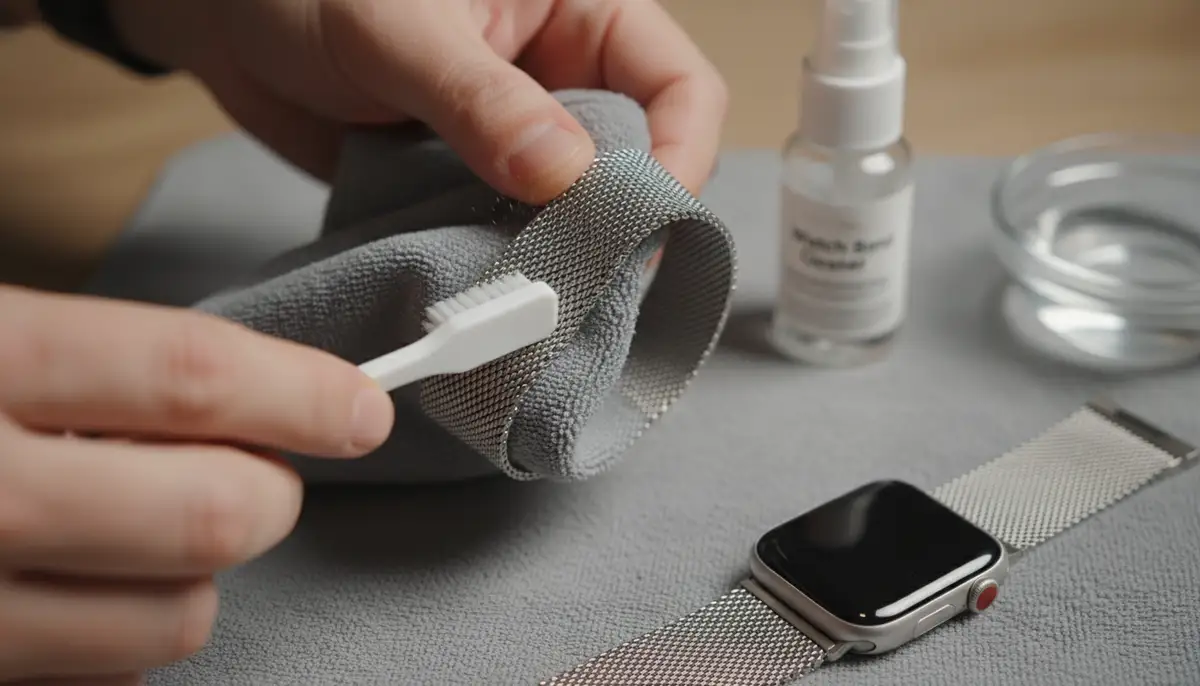 Someone cleaning their Milanese Apple Watch band with a soft cloth and a small brush, demonstrating proper maintenance to keep its shine., high-quality photography, professional lighting, sharp focus, realistic, detailed