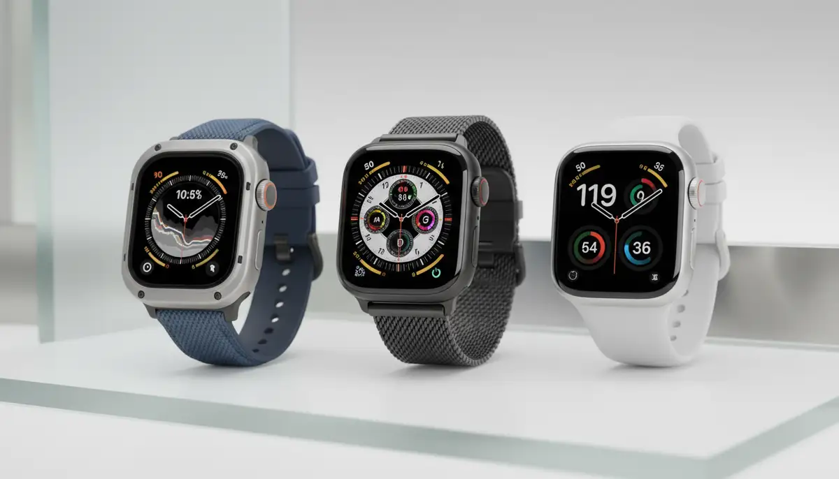 Three distinct Apple Watch models (Ultra 3, Series 11, SE 3) displayed side-by-side on a modern minimalist background, highlighting their unique designs., high-quality photography, professional lighting, sharp focus, realistic, detailed