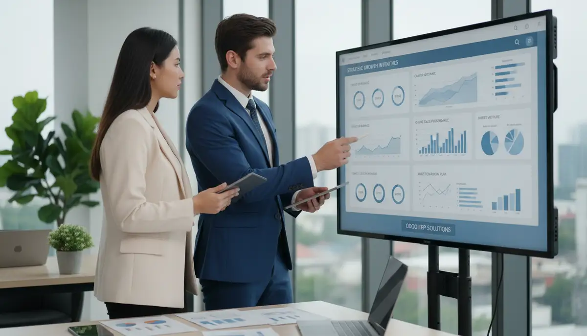Two business professionals, an Odoo consultant and a client, collaborating in front of a large screen displaying an Odoo dashboard, discussing strategic growth for their online venture.
