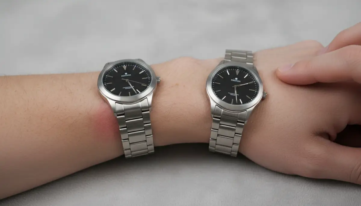 Two wrists side-by-side, one showing a watch that is too tight and leaving a mark, the other showing a watch that is too loose and spinning freely, illustrating common fit mistakes., high-quality photography, professional lighting, sharp focus, realistic, detailed